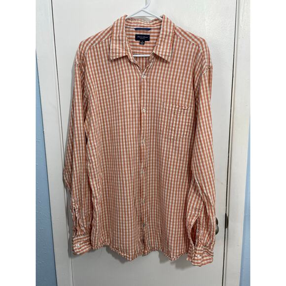 Linea Rosso Patrick Assaraf Shirt XL Linen Blend Orange Check Country Club - Picture 1 of 6